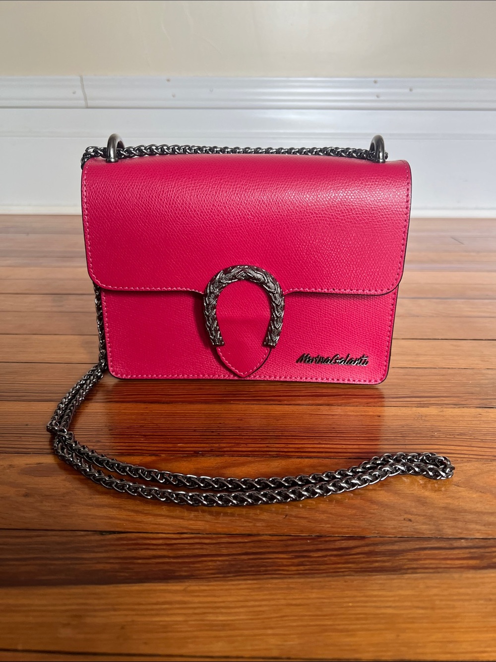 Marina Galanti Leather Hot Fuchsia Pink Horseshoe Buckle Bag - Chain Strap - OS